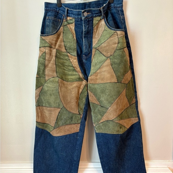ISO Handmade leather patchwork relaxed fit Jeans - Size 34 - Picture 1 of 6